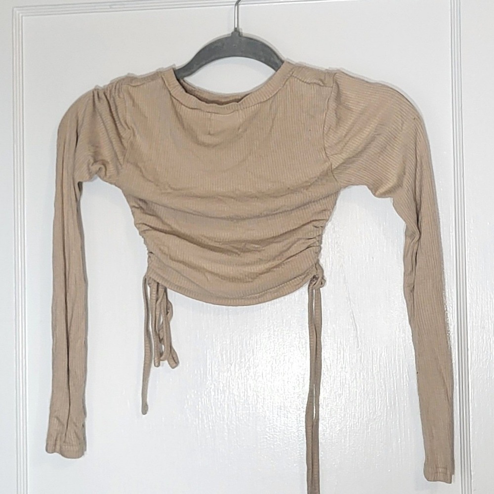 Princess Polly Tan Ribbed Long Sleeve Ruched Drawstring Crop Top US 0